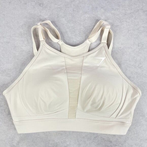 Gymshark Sports Bra Cream High Support Racerback Mesh Neckline Womens Size L - Picture 1 of 11